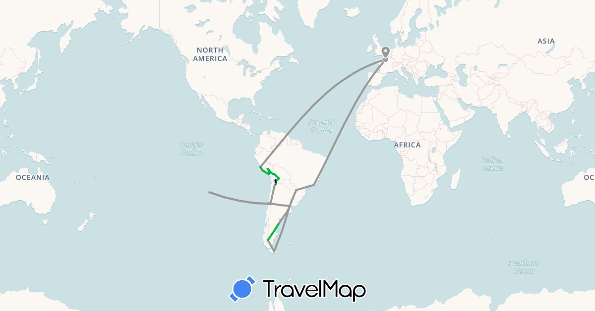 TravelMap itinerary: driving, bus, plane, train in Argentina, Bolivia, Brazil, Chile, France, Peru (Europe, South America)